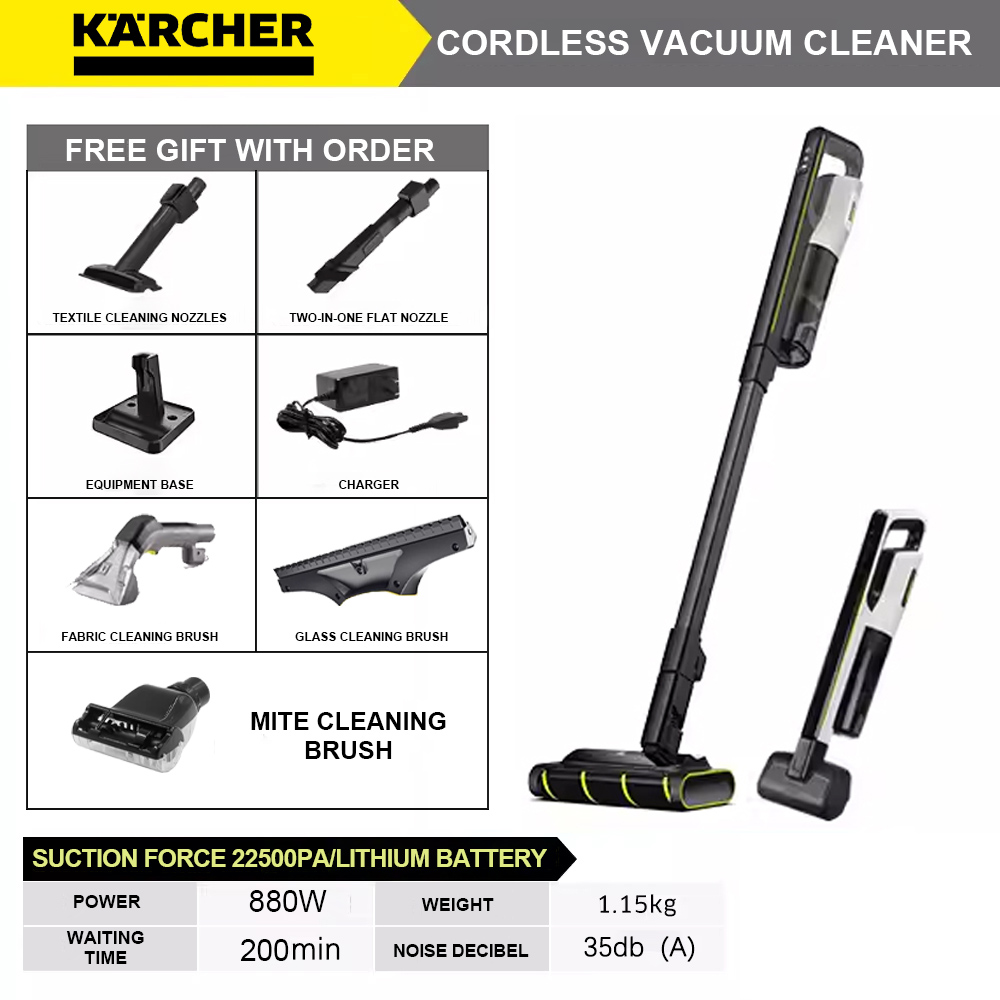 Karcher belaidis dulkių siurblys + siurbimas ir šluostymas viename + 100 000 aps./min didelė galia + 22500pa didelis siurbimo galia + garo režimas + AI balso asistentas + 180° pakreipiamas dizainas + APP jungtis + savaiminis išsivalymas + džiovinimas + valymo šepečių paketas 5 + LED apšvietimas + Pasirenkamas pakaitinis ratų šepetys ir vatos tamponų rinkinys*2 + valymo skystis valymo skystis*2+įkroviklis+įkrovimo bazė+valymo šepetys (renkasi 99% žmonių)